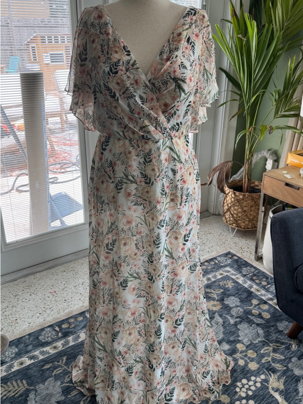 Floral Wrap Maxi Dress in Blush and Green by